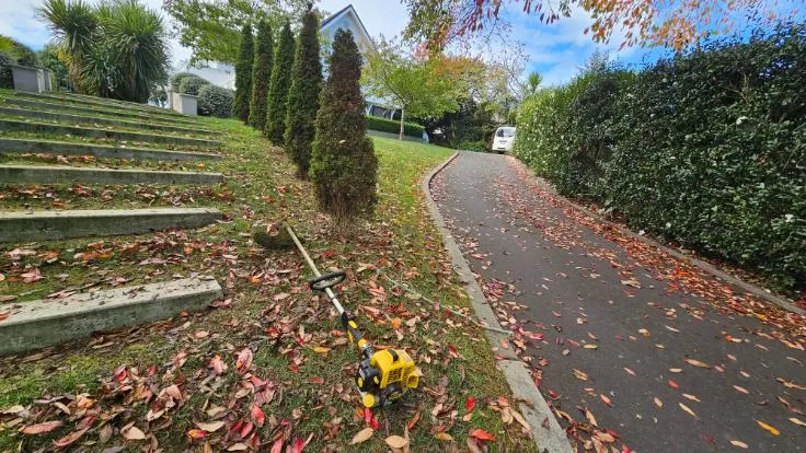 Autumn leaves on a driveway and steps being cleared with a line trimmer on the North Shore