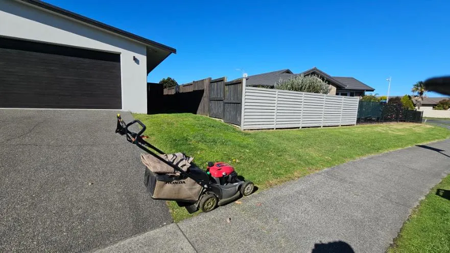 Neatly mowed front lawn beside a driveway and garage on a sunny North Shore day