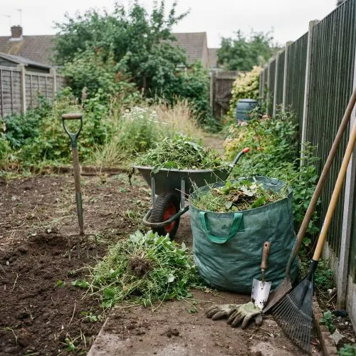 Garden waste bag, wheelbarrow and tools during a section clean-up